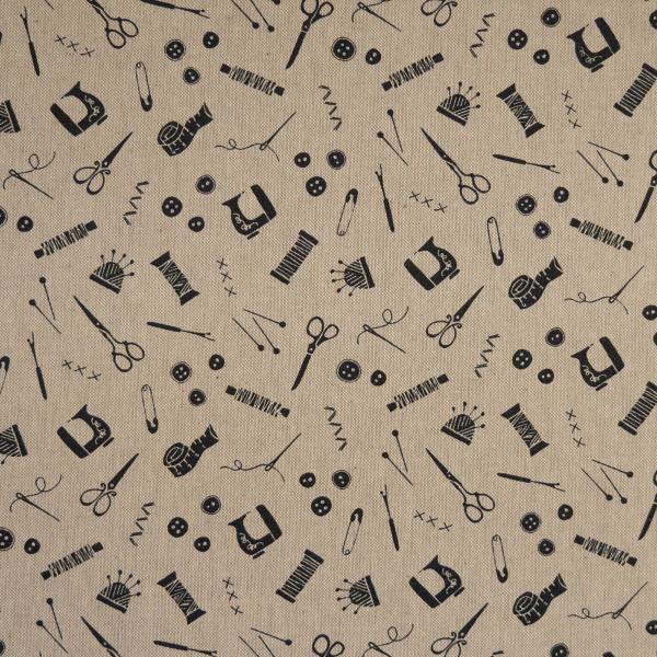 Dekodruck Nähutensilien Schwarz auf Beige Ballingen by Swafing
